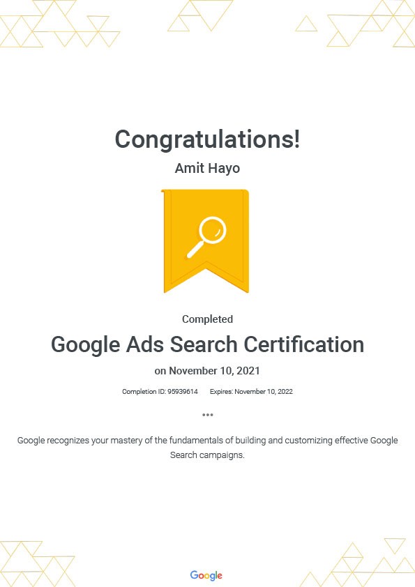 Amit Hayo PPC Campain manager for promoting singers and songwriters all over the world Google Ads Search Certification _ Google